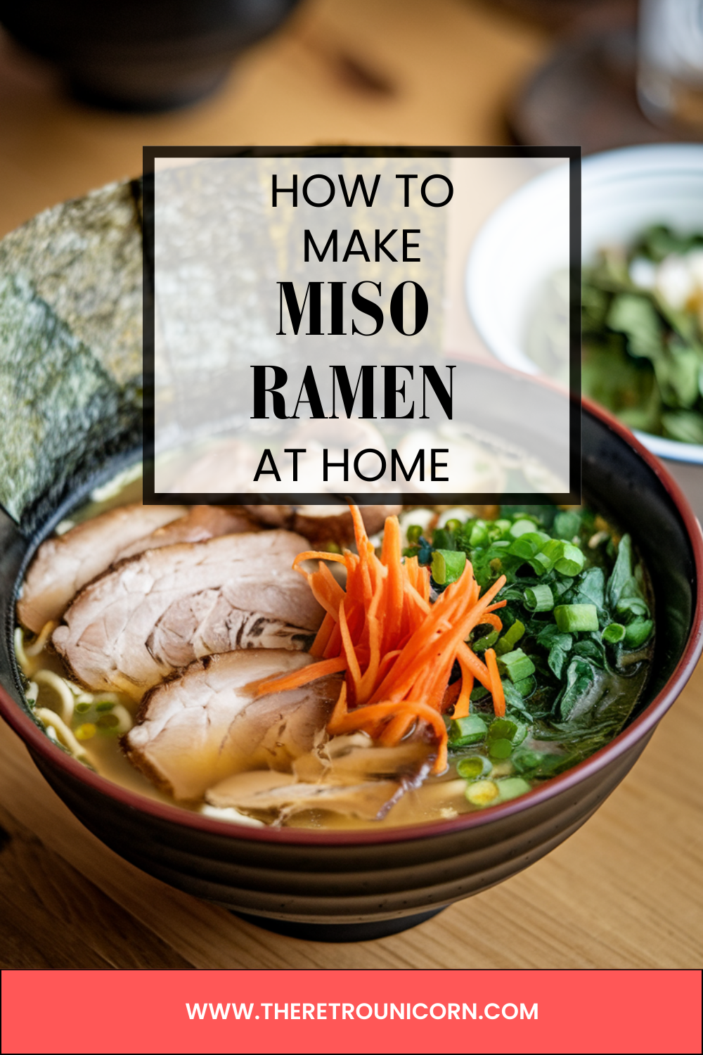 a bowl of miso ramen with green onions, chicken, eggs, carrots, and nori in a bowl