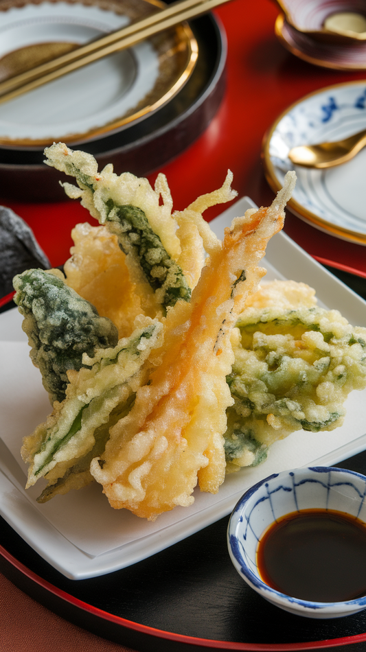 vegetable tempura on a plate next to a bowl of soy sauce