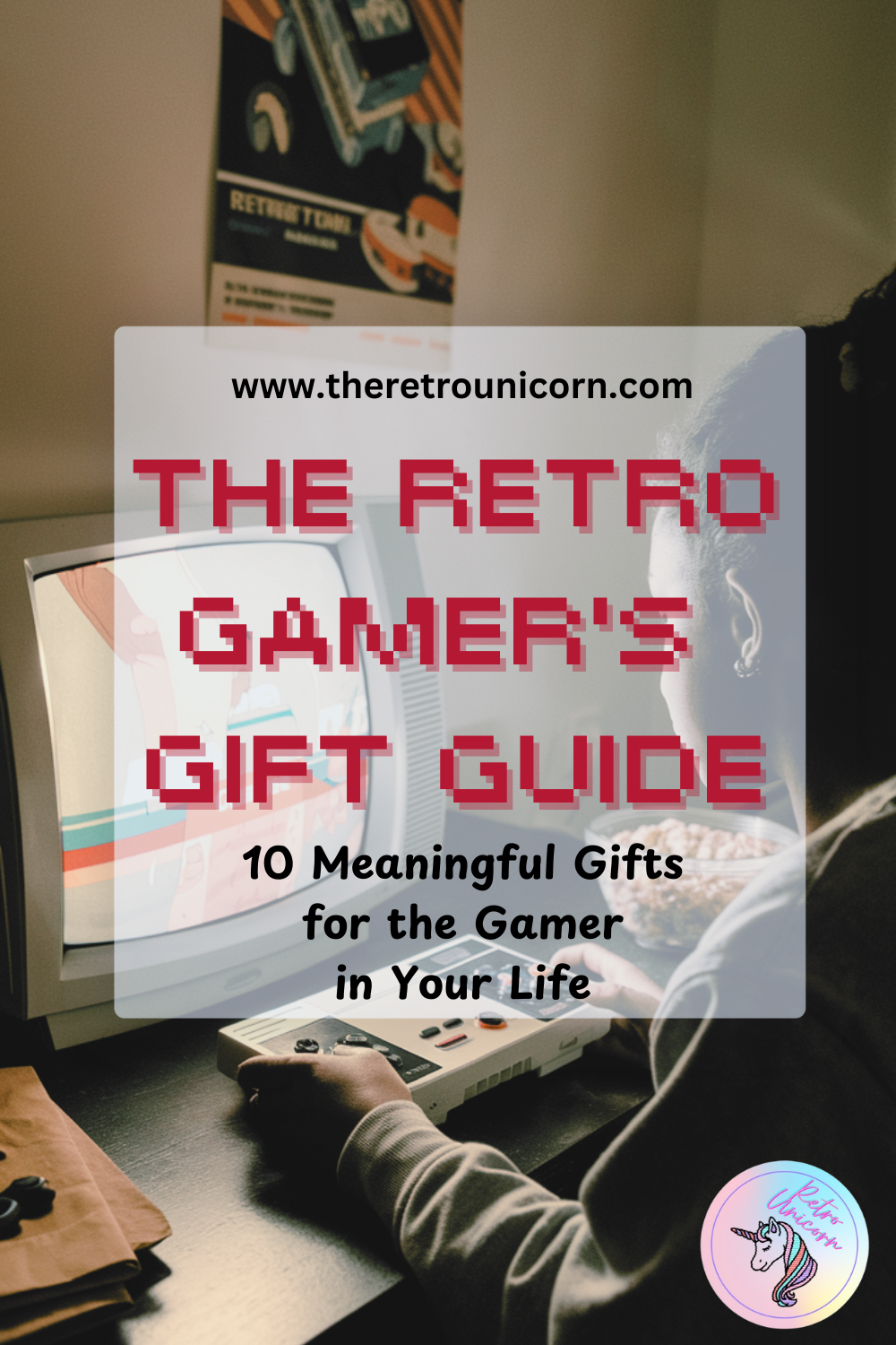 Retro Gaming Gift Guide with a young girl playing an 80s video game at her desk