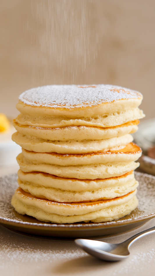 a stack of Japanese souffle pancakes with powered sugar sprinkled on top