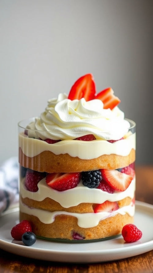 Easter Trifle with strawberries, raspberries, blueberries, and blackberries